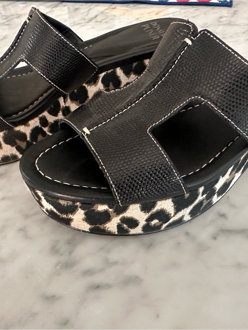 Donald J. Pliner Black Leather Platform Sandals with Leopard Print